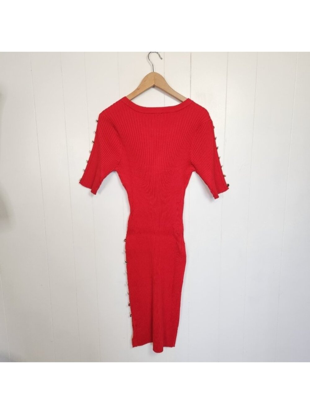 Venus Red Ribbed Stretch Bodycon Knee Length Dress Short Sleeve Size 2X New - Picture 5 of 8